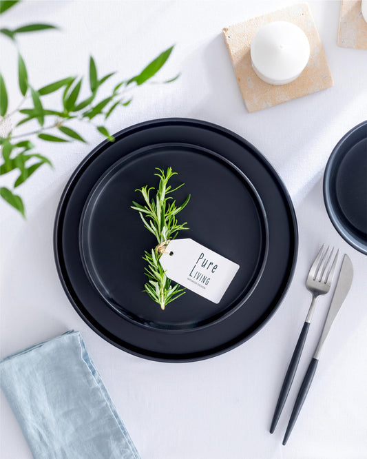 Steingut Geschirrset 12 Pers. 48-tlg Hochwertiges Steingut Geschirr Set- Schüssel- und Teller Set- Tafelservice 12 Personen Geschirrsets in matt schwarz