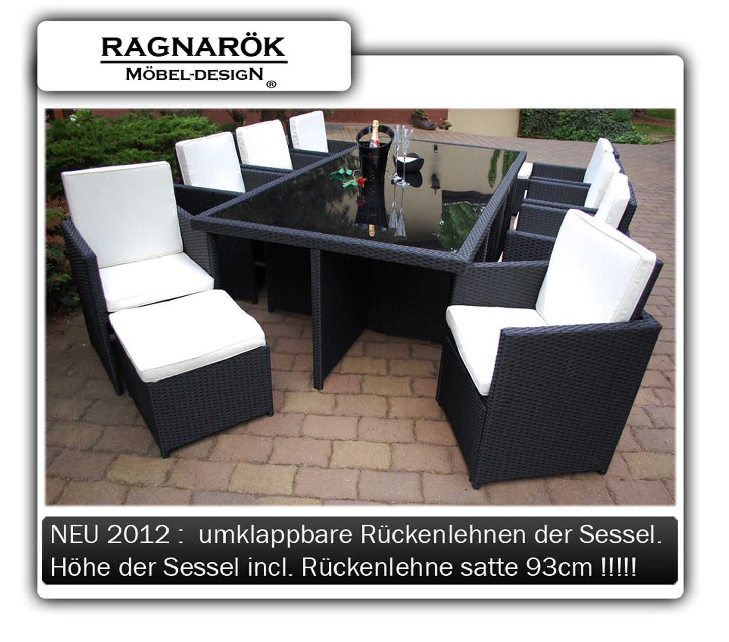 Ragnarök-Möbeldesign Wieland Premium PolyRattan Essgruppe - Deutscher Hersteller - 8 Jahre GARANTIE - Tisch Stuhl Hocker schwarz Aluminium