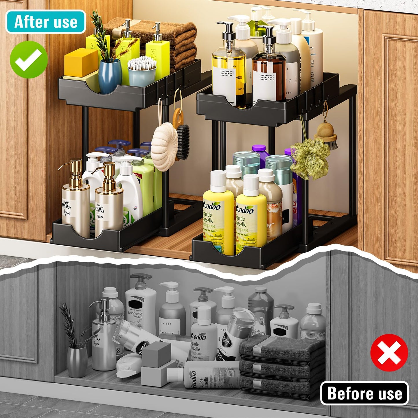 StowBin Küchen Organizer, 2 Pack Unter Waschbecken Regal mit 4 Haken, Spülschrank Organizer, Badezimmer Organizer, Schrank Organizer, Ordnungssystem für Küche
