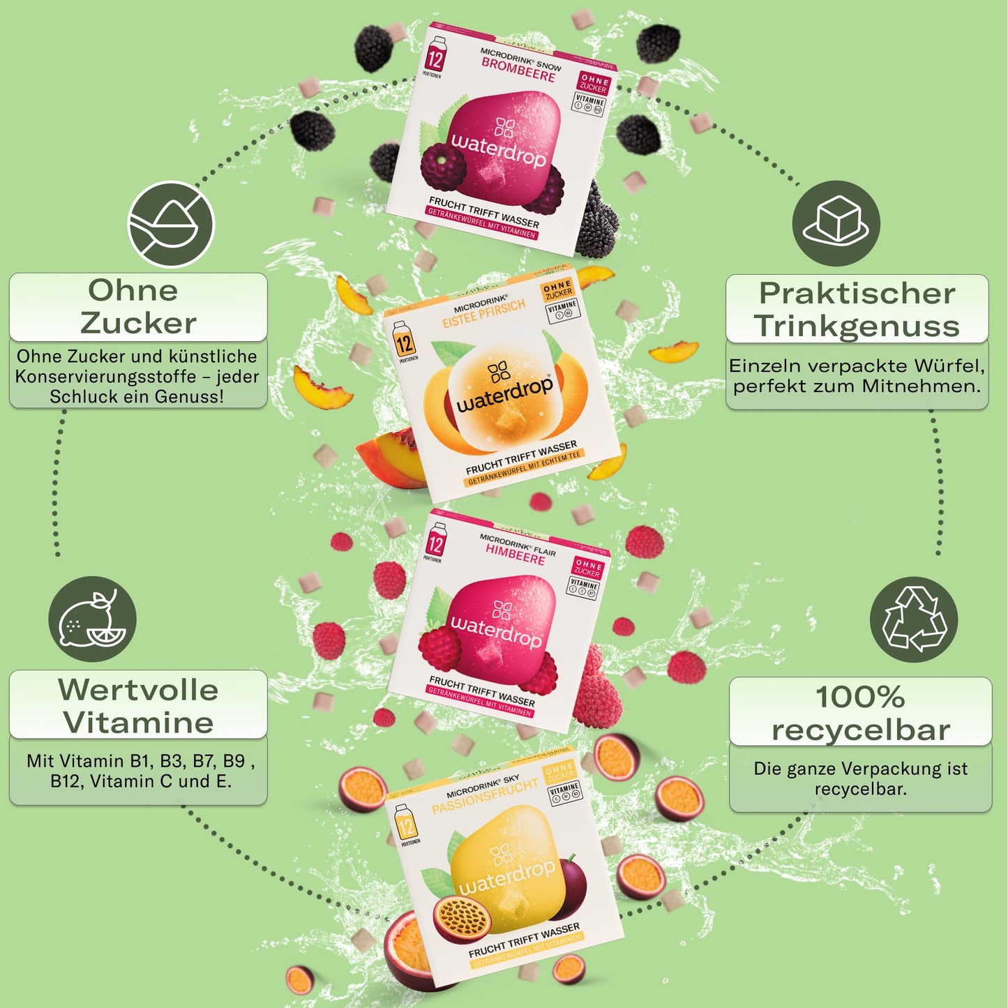 waterdrop® Microdrink Set | 48 Waterdrop Drops Würfel - 4 fruchtige Sorten | Zuckerfreies Getränkpulver | Geschmack für Wasser | kalorienarm mit wertvollen Vitaminen | Brausetabletten | Wasserzusatz