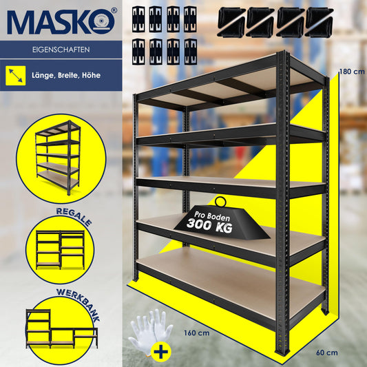 MASKO® Schwerlastregal Lagerregal Kellerregal 180x160x60cm, 1500kg belastbar, 5 verstellbare Ablagen, MDF-Platten Regal aus Metall, Steckregal, Werkstattregal Stahlgestell Garage Werkbank Schwarz