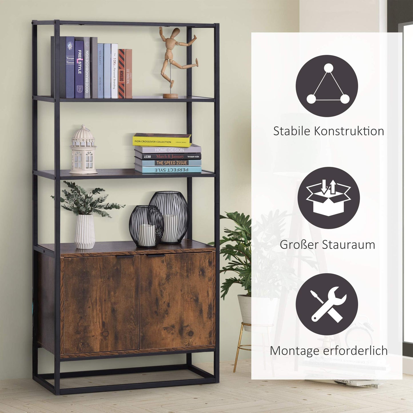 HOMCOM Industrielles Bücherregal mit Schrank, Braun, 76x33x162,5 cm