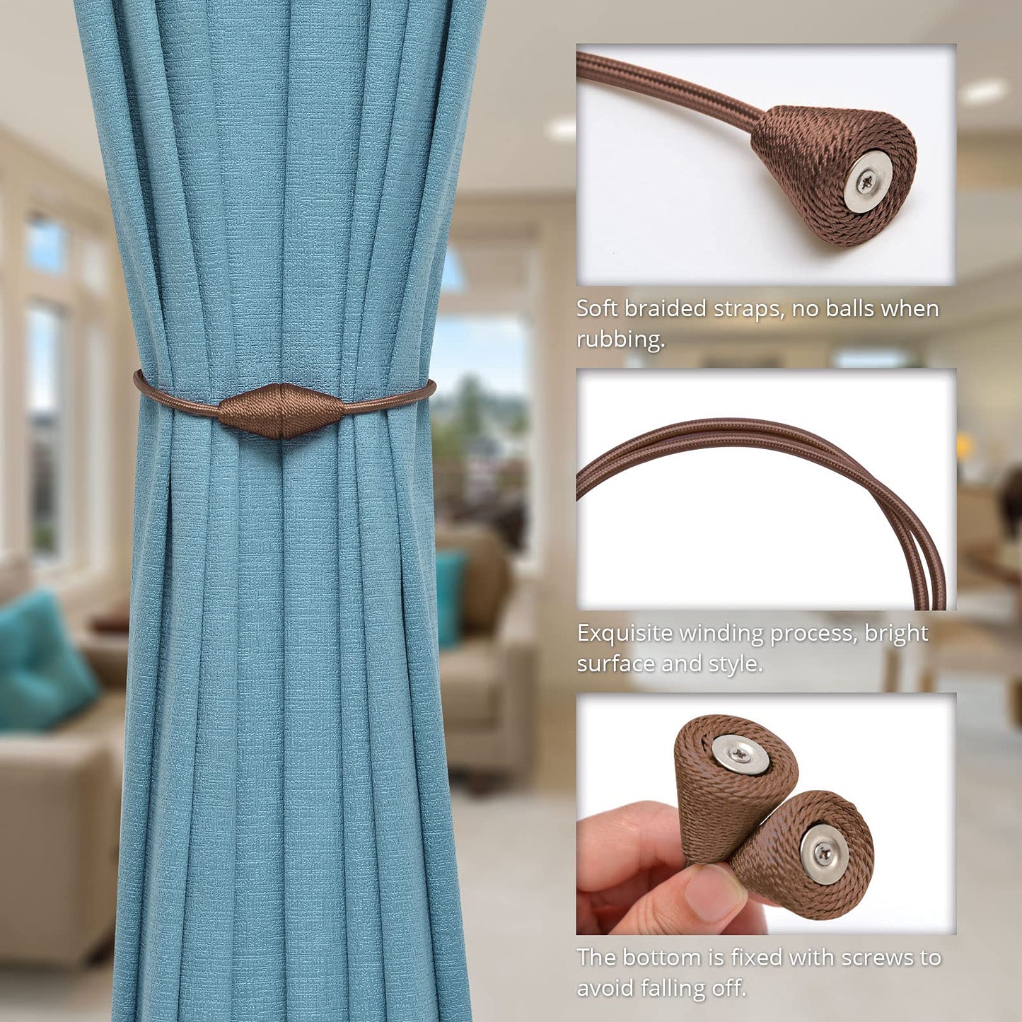 Pretty Jolly 2 Stück Magnetische Vorhang-Raffhalter, handgefertigt, gewebt, Seil, Vorhang-Raffhalter, praktisch, kegelförmig, Vorhang-Raffhalter für Zuhause und Büro, Fenstervorhang (Heller Kaffee)