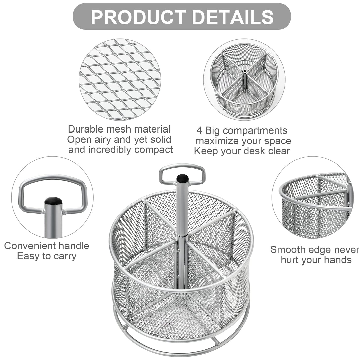 Marbrasse Mesh Schreibtisch Organizer,360Grad Drehbarer Multifunktionaler Stifthalter,4Fächer,Stiftehalter,Aufbewahrungsbox für Zuhause, Büro Stifthalter (Silber)