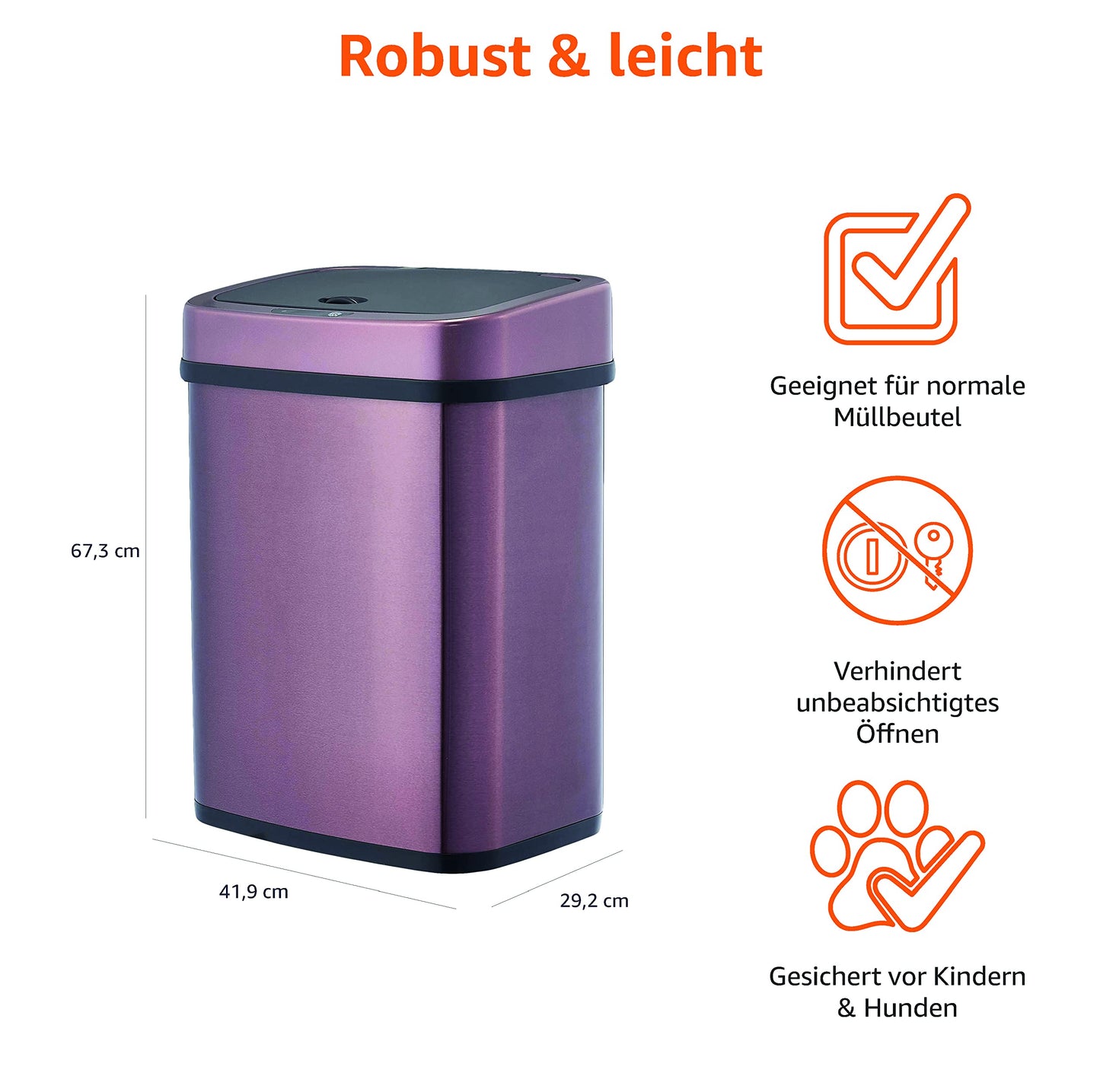 Amazon Basics – Automatischer Mülleimer aus Edelstahl, rechteckig, 12 l, Burgundy