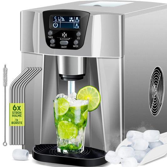 KESSER® Eiswürfelbereiter | Eiswürfelmaschine Edelstahl | 100W Ice Maker | 12 kg 24 h | 2 Würfelgrößen | Zubereitung in 6 min | 2 Liter Wassertank | Timer | LCD-Display | Wassertank, Silber