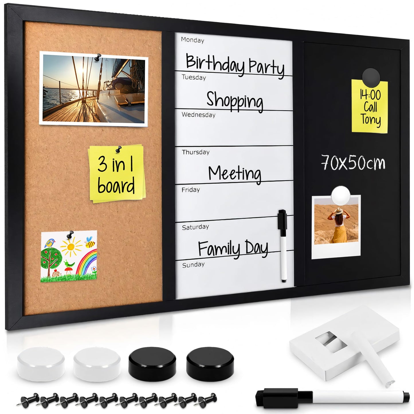 Navaris 3in1 Kombitafel 70x50cm - Kreidetafel Whiteboard Kork Pinnwand - Memoboard magnetische Seiten Weekly Plan inkl. Kreide Pins Magnete