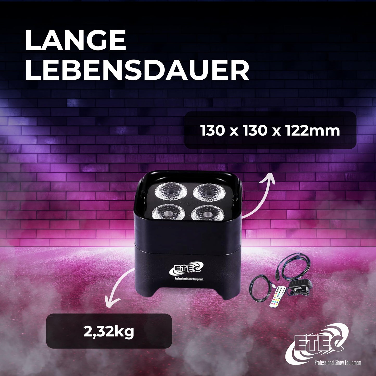 ETEC Professional Akku LED Par Scheinwerfer E412 mit 4x12W RGBWA+UV, Wireless DMX, Uplight, Floorspot, Disco, DJ, Party, Bühnenbeleuchtung - Funk Wifi Event Licht