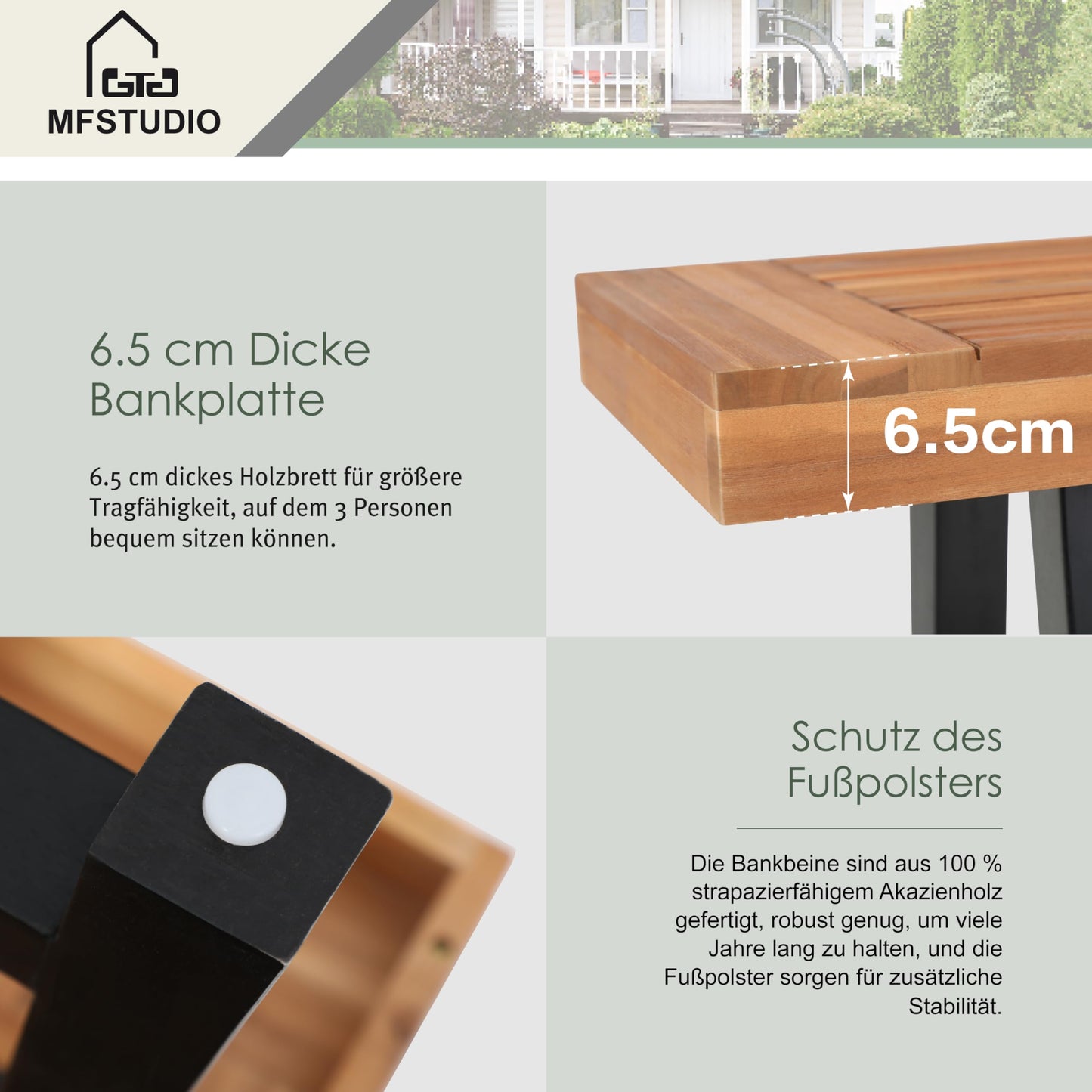 MFSTUDIO Gartenbank Wetterfest 3 Sitzer, 100% Akazienholz Parkbank, Oberfläche Vorbehandelt mit Öl, Outdoor Garten Terrasse Park Balkon Sitzbank, Farbe Teak (1)
