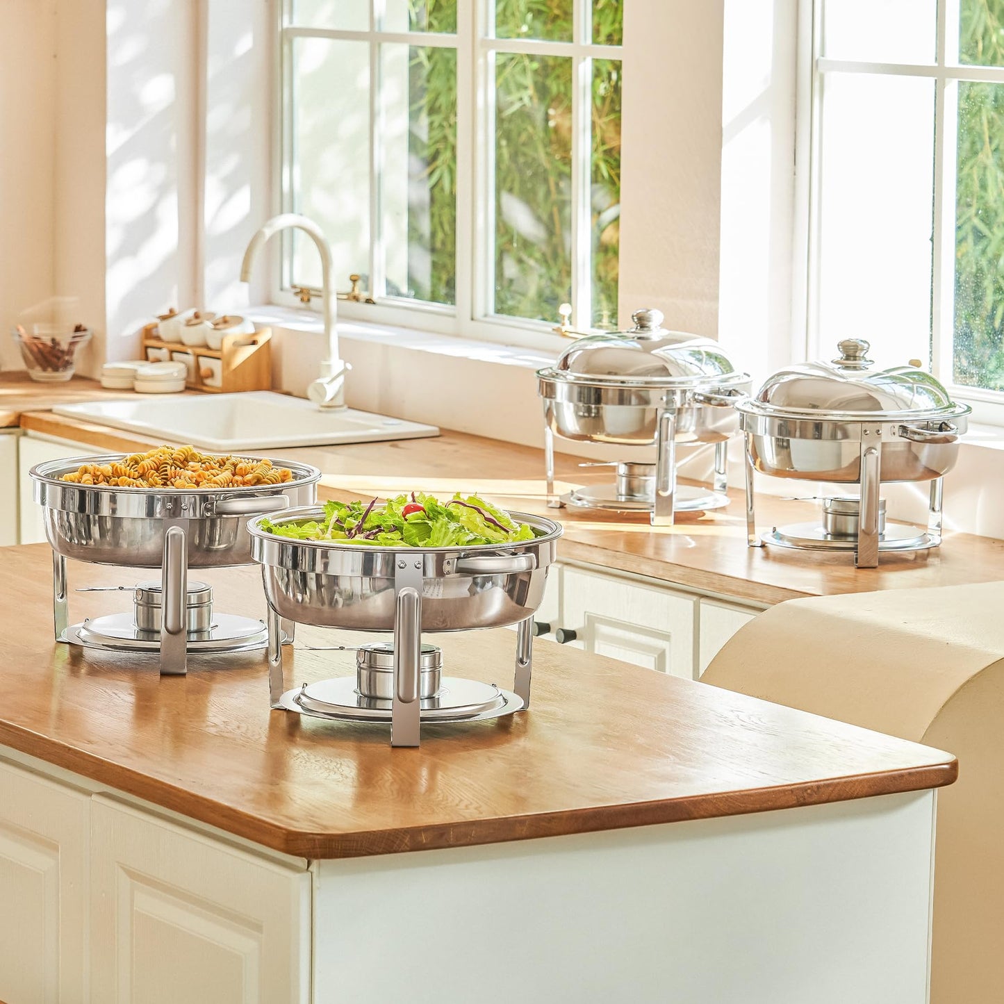 Wilprep 5L 4Set Rund Chafing Dish Edelstahl Speisenwärmer Wärmebehälter Suppenwärmer Bain Marie Speisen Warmhaltebehälter ideal für Events & Partys