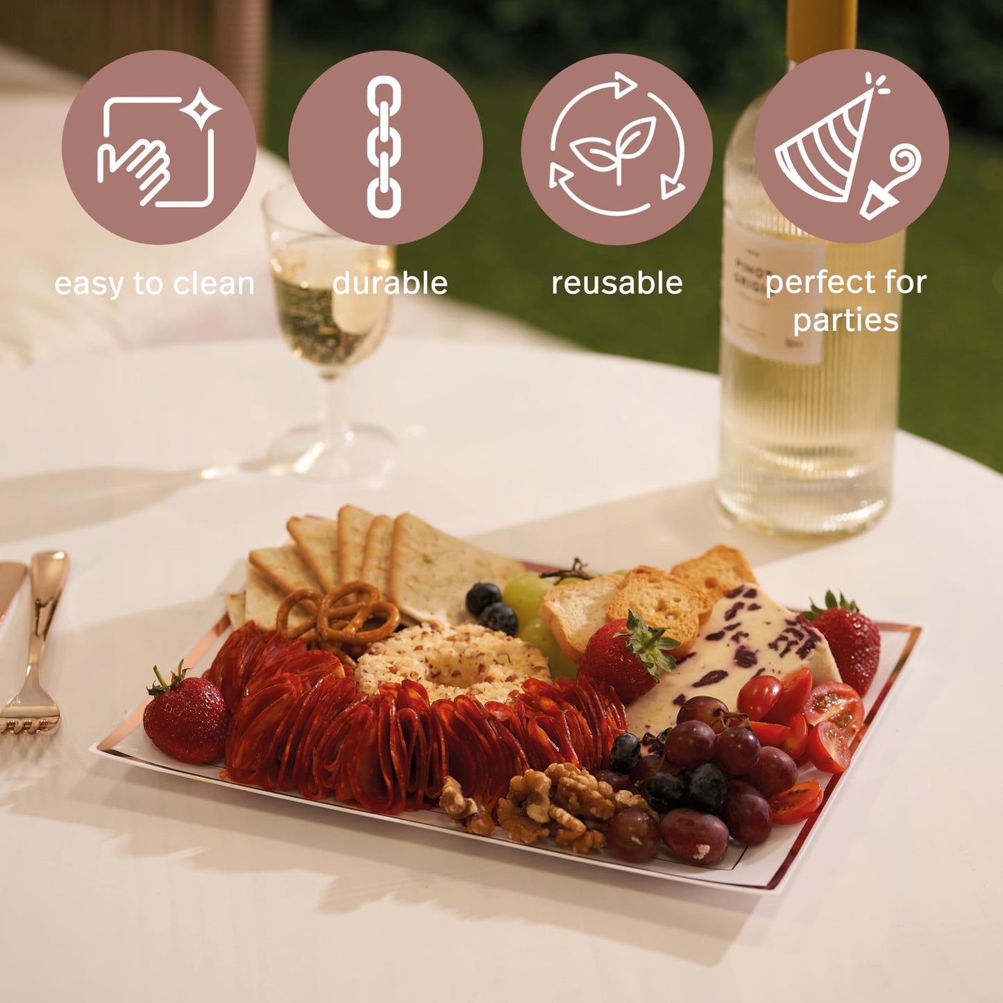MATANA 6 Weiße Plastik Servierplatten mit Kupferrand für Vorspeisen & Fingerfood - Catering, Buffets, Geburtstage, Partys - 30x 22 cm