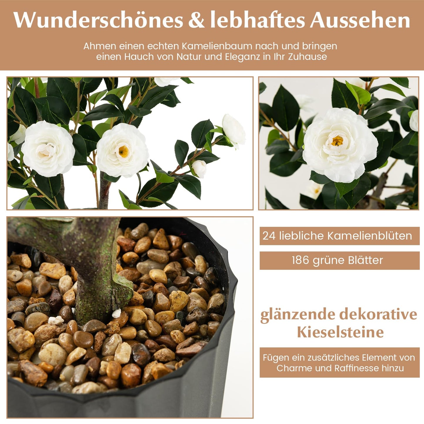 COSTWAY 2er Set Kunstbaum mit Blüten 95cm, Künstlicher Kamelienbaum, Kunstpflanze im Topf, Kamelienpflanze mit 24 Blüten & natürlicher Stamm, Kunstblume Zuhause, Zimmerpflanze Dekopflanze (2, Weiß)