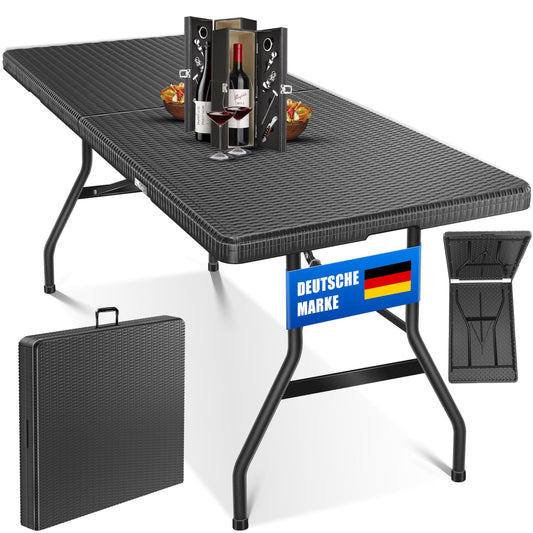 KESSER® Buffettisch Tisch klappbar Kunststoff 183x76 cm Rattan Optik Campingtisch Partytisch Klapptisch Gartentisch für Garten Terrasse und Balkon zusammenklappbar 6 Personen ink. Tragegriff Anthrazit