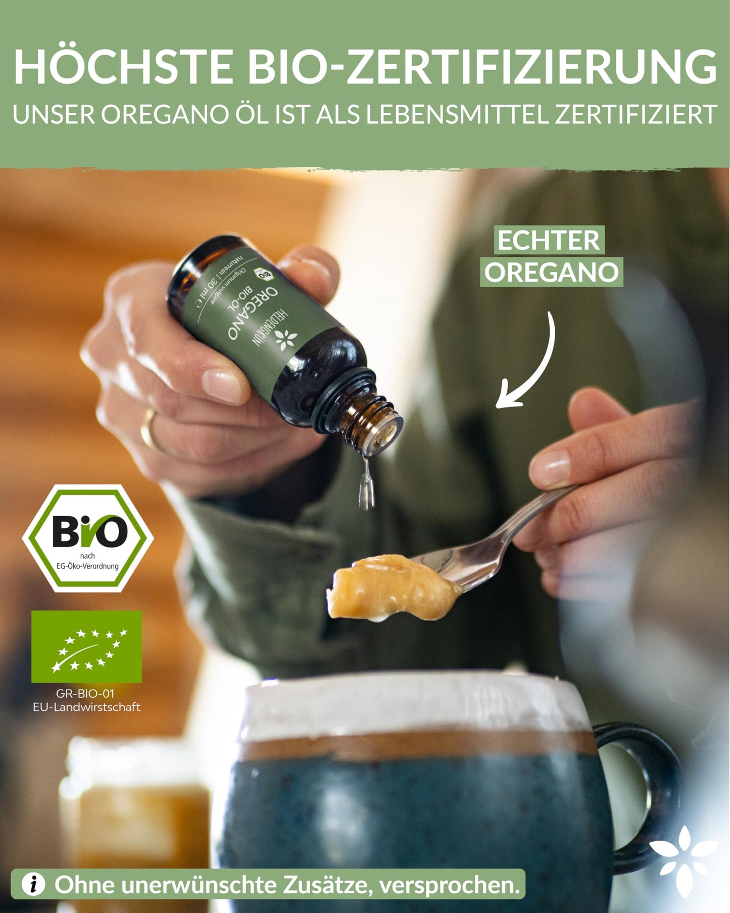 Heldengrün® BIO Oregano Öl [HOCHDOSIERT] mit +82% Carvacrol - Zertifiziertes Lebensmittel zum Einnehmen - Oreganoöl Bio aus Griechenland - Oregano Oil