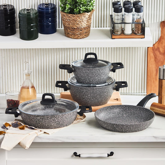 KARACA Gris Bio Granit 7-Teiliges, Topfset/Pfannensets, Antihaftbeschichtung, Topf Pfannenset mit Glasdeckeln, Kochgeschirr Set, Kochtopfsets, 3 Topf mit Glasdeckel + Pfannen