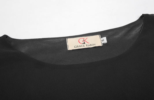 Damen Elegant Chiffon Bluse 3/4 Ärmel Oberteile Langarmshirt Rundhals Tops Casual Shirt 2XL Schwarz CLAF15-3