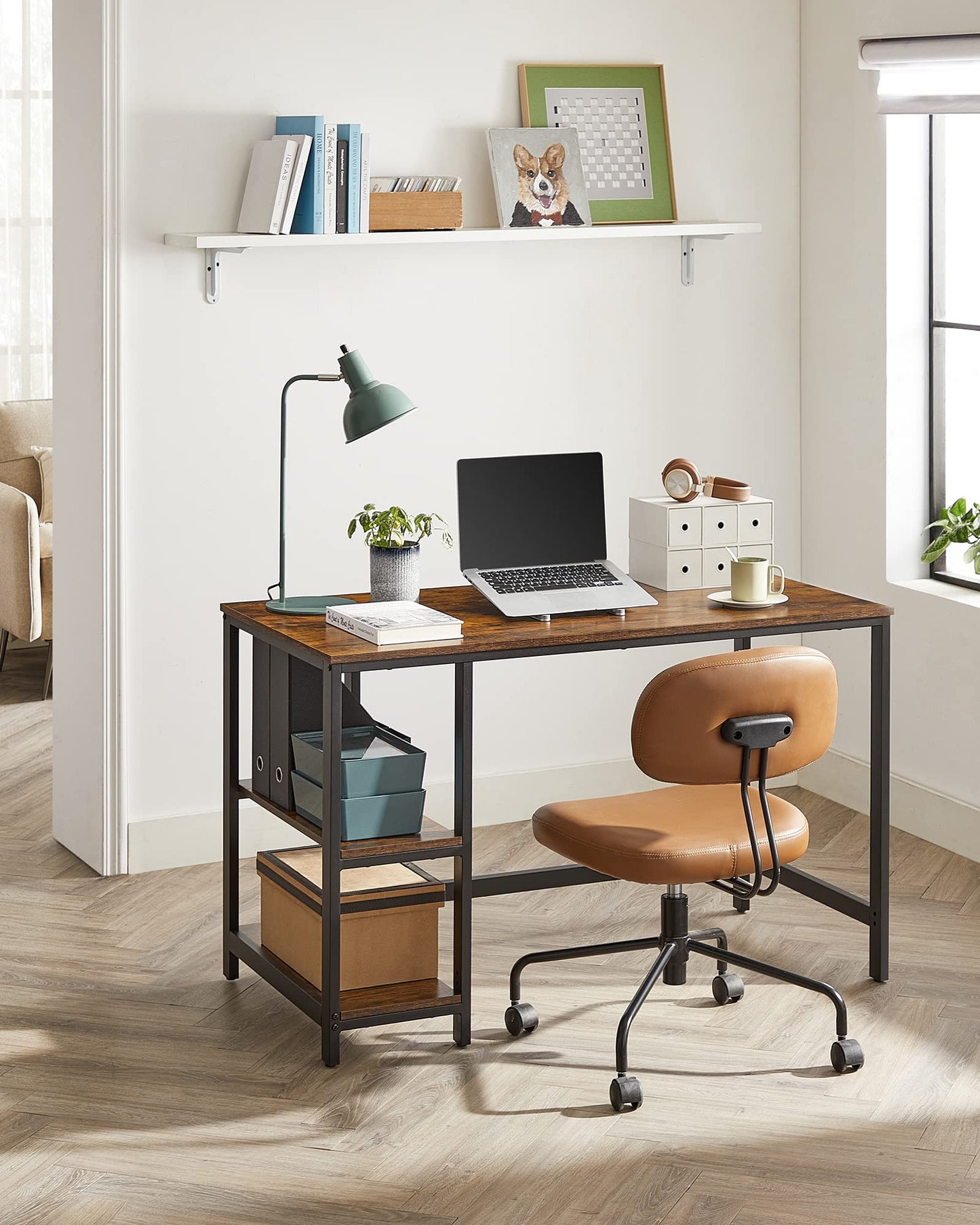 VASAGLE Schreibtisch, Computertisch, PC-Tisch, Bürotisch, mit 2 Ablagen auf der rechten oder linken Seite, fürs Büro, Wohnzimmer, Stahlgestell, Industrie-Design, vintagebraun-schwarz LWD47X