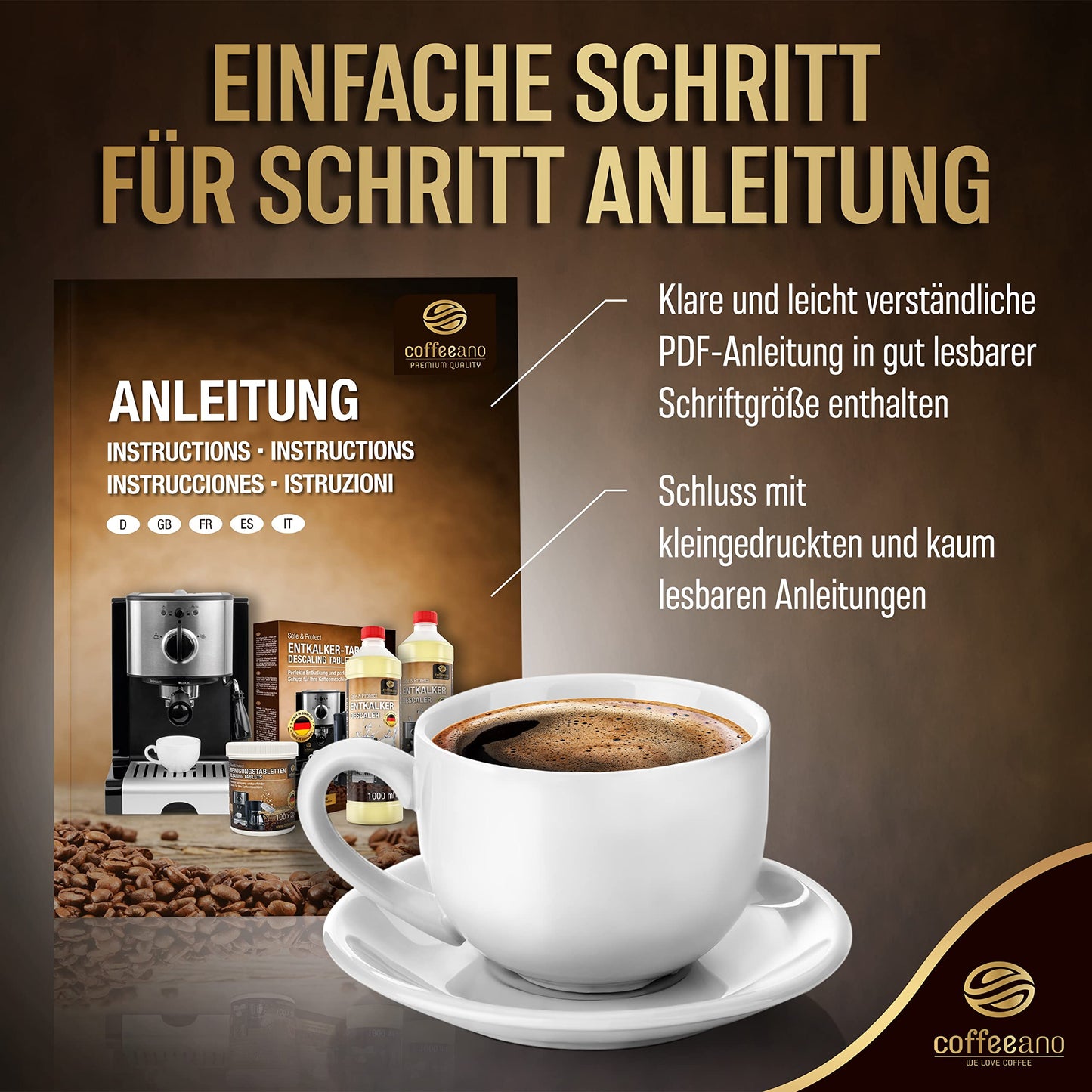Coffeeano 1000ml Entkalker für Kaffeevollautomaten und Kaffeemaschinen, 8 Anwendungen, für Delonghi, Siemens, EQ Series, Jura, Krups, Bosch, Miele, Melitta, WMF uvm.