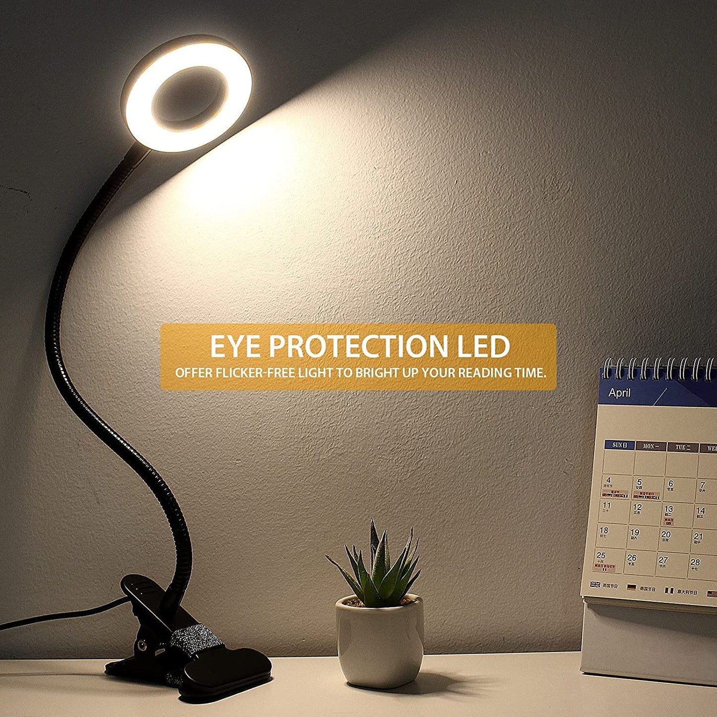 TBTeek LED Klemmleuchten, 48 LED Leselampe Bett Klemmbar, Augenpflege Schreibtischlampe, 3 Modi & 10 Dimmstufen, Klemmleuchte für Büro Heimgebrauch, CE Adapter Enthalten, Schwarz