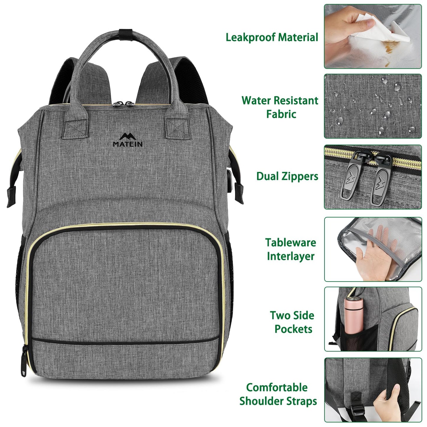 MATEIN Damen Laptop Rucksack 15,6 Zoll mit Isoliertes Kühlfach, Kühlrucksack mit USB Ladeanschluss, Wasserdicht Kühltasche Lunch Tasche für Frauen Herren Arbeit Business, Grau