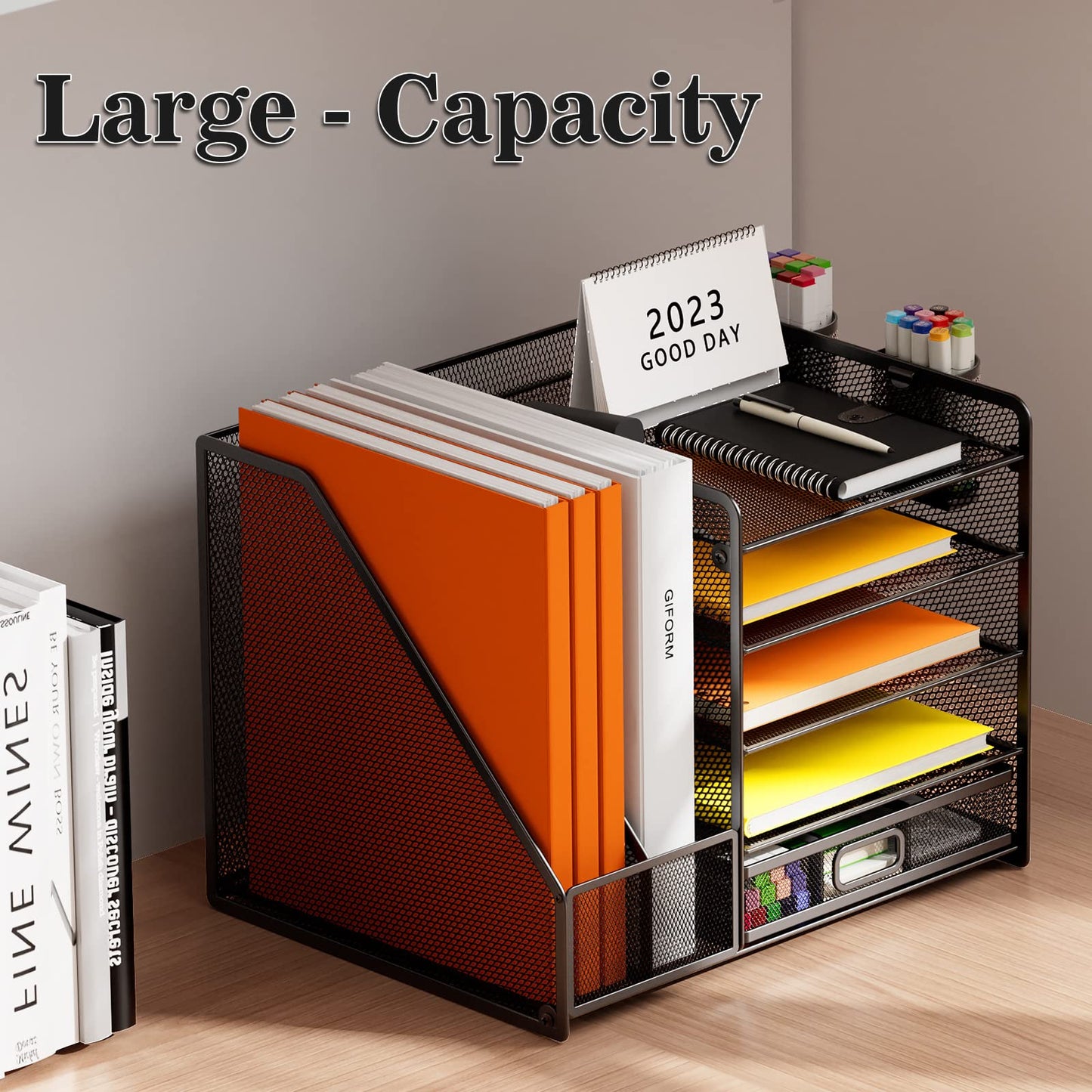 Restorgan Schreibtisch Organizer mit Aktenhalter, 5-stufiger Papier Organizer mit Schublade und 2 Stifthaltern,Mesh Schreibtisch Akten Organizer mit Zeitschriftenhalter für büro organizer schreibtisch