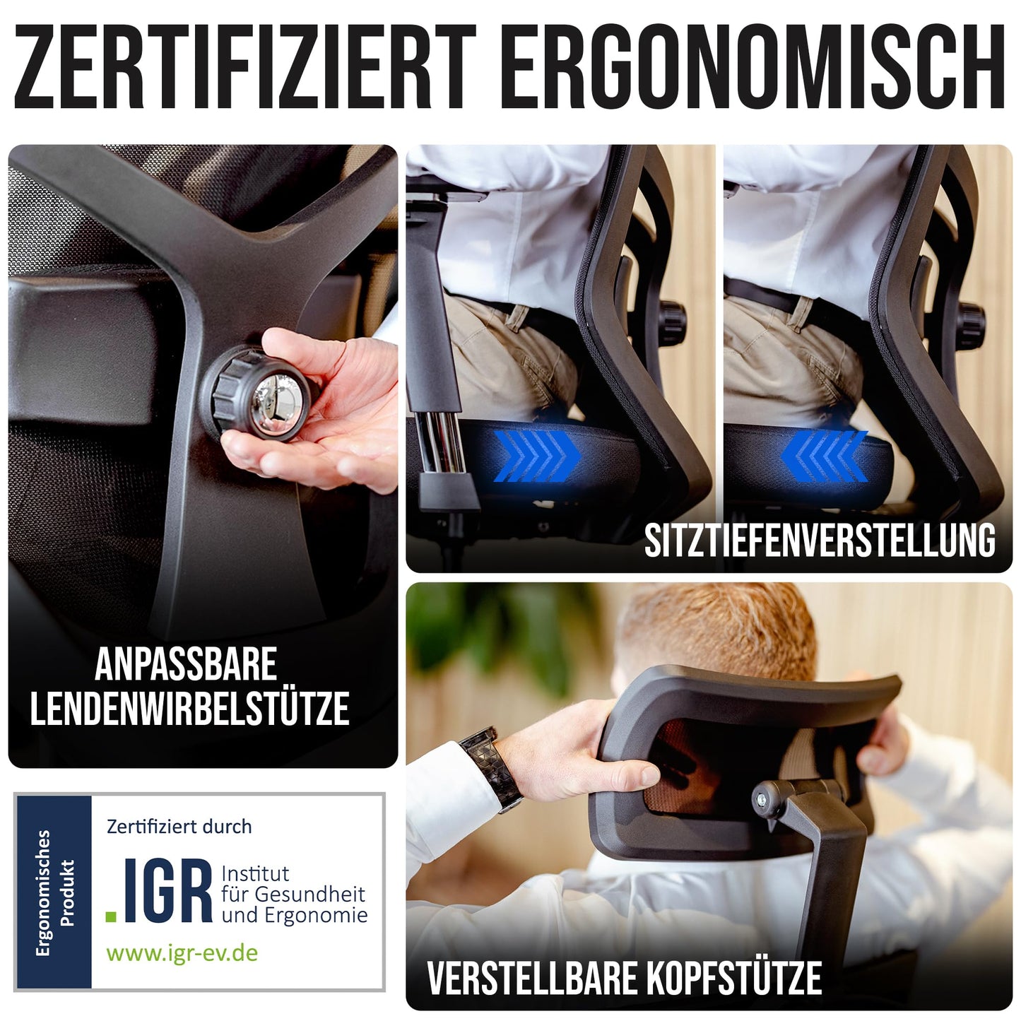 ELITESEATS Bürostuhl Ergonomisch Zertifiziert Schreibtischstuhl 4D Armlehnen | Büro Stuhl [Leise, Kratzerfreie Rollen] Home Office Chair 2D Lordosenstütze Ergonomischer Computerstuhl, Drehstuhl 150kg