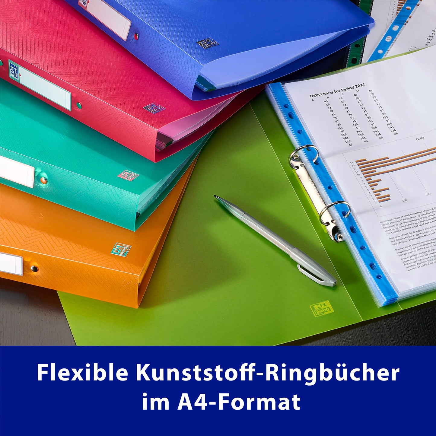 Oxford Ringbuch A4, Rückenbreite 4 cm, 2 Ringe, Kunststoff, 8 Farben, 10 Stück