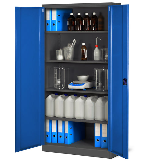 Jan Nowak Metallschrank Jan 185x90x40 cm C001 – Robuster Stahl-Aufbewahrungsschrank mit 5 Ebenen, Verstellbaren Einlegeböden und Doppeltüren – Universaler Blechschrank in Anthrazit-Blau für Büro und Werkstatt