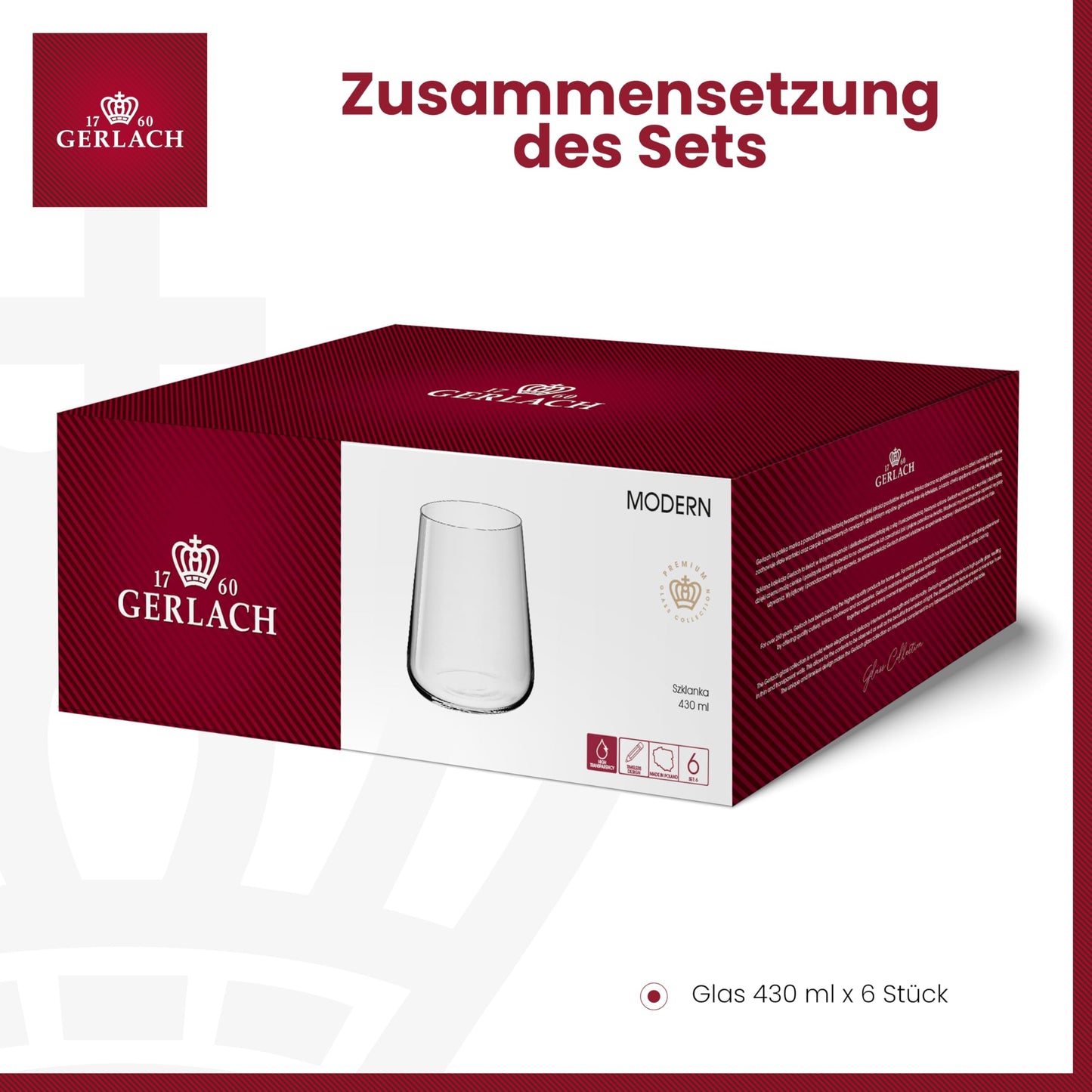 Gerlach 1760 Gläser Set 6 Stück 430 ml Trinkgläser Wassergläser Cocktailgläser Saftgläser Glas Dessert Spülmaschinenfest Modern