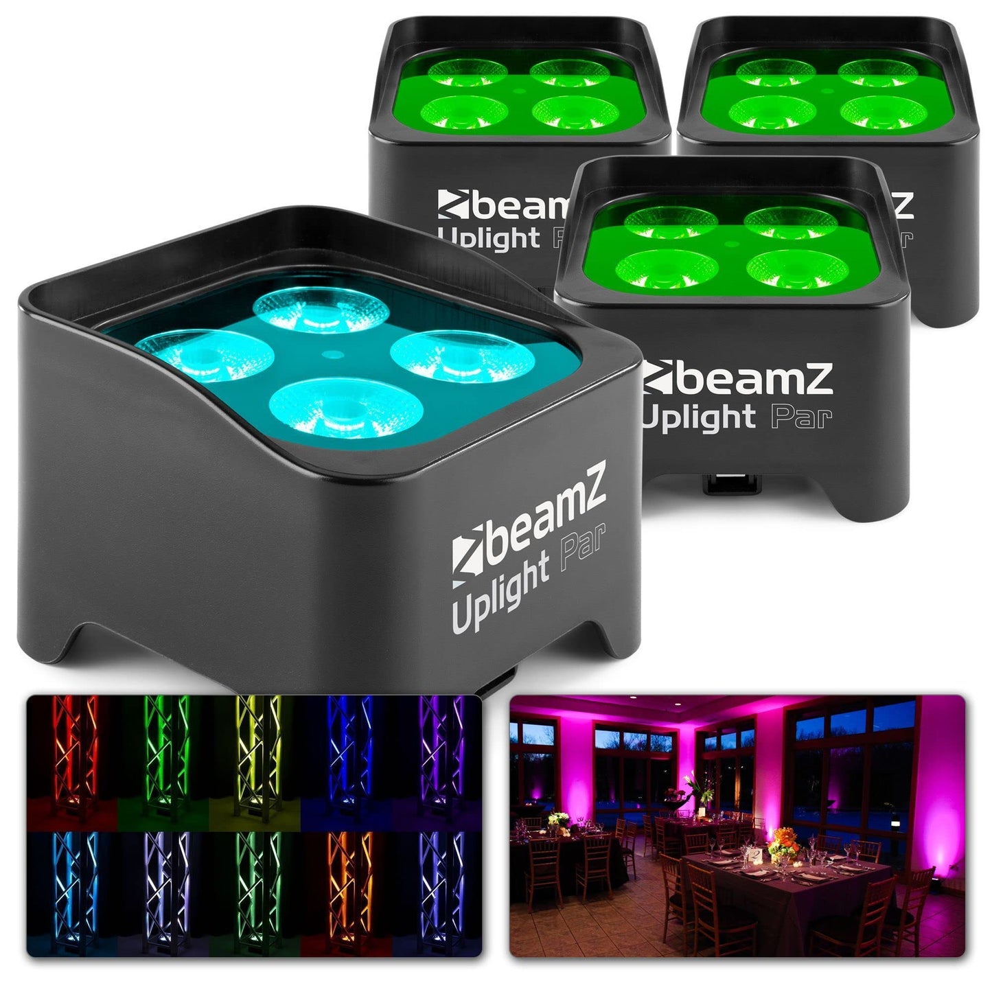 Beamz BBP90 Uplight LED Par Strahler 4x 4 Watt, Bühnenbeleuchtung 4er Set für DJ Pult, Bühnenlicht, DMX-LAN, Partylicht Musikgesteuert, Bühnenequipment, mit Fernbedienung