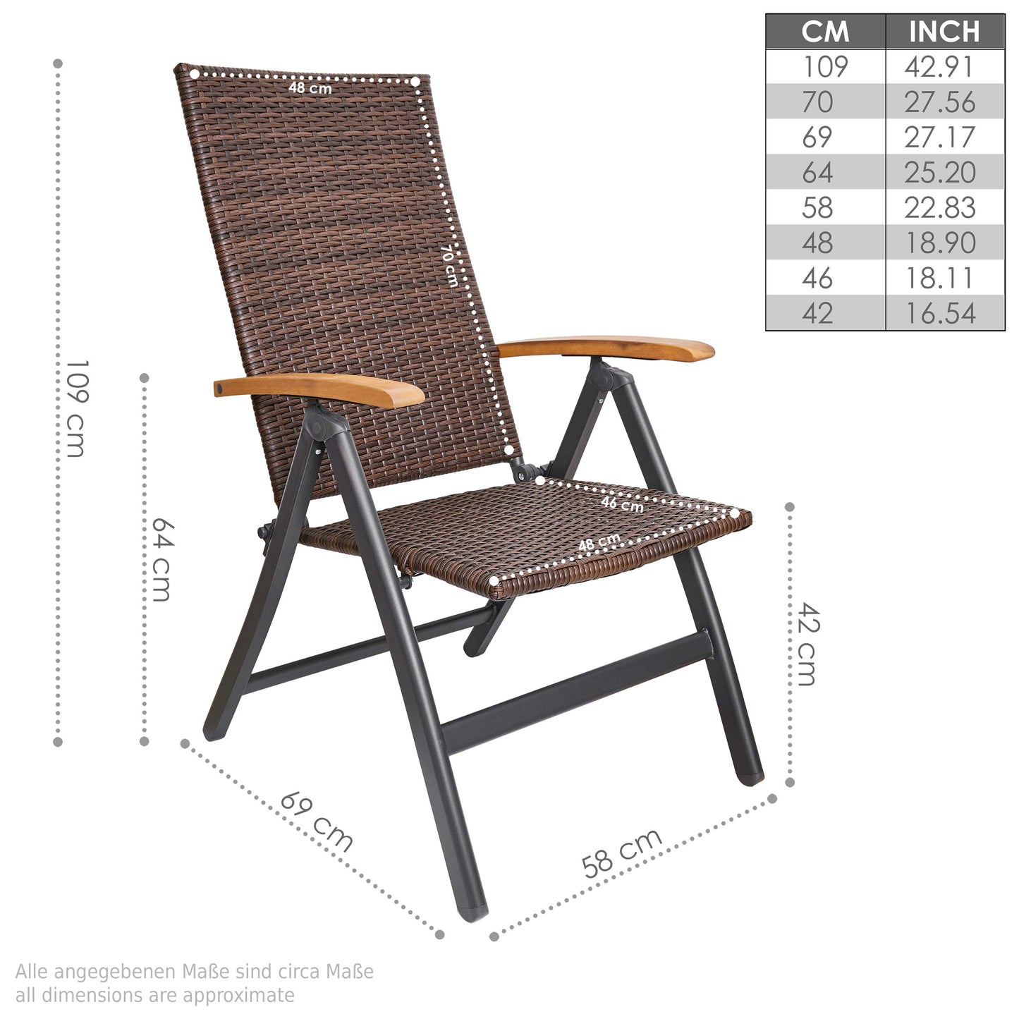 BRUBAKER 4er Set Polyrattan Gartenstuhl Modena - Hochlehner aus Metall und Poly Rattan klappbar - 7-Fach verstellbare Rückenlehne - wetterfester Faltstuhl/Klappstuhl - Braun Grau