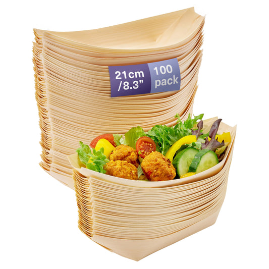 MATANA 100 Schiffchen Snackschalen, 21cm - Bambus Schalen, Einwegschalen, Pommesschalen - Stabil, Umweltfreundlich & Biologisch Abbaubar - Hochzeiten, Geburtstage, Grillpartys