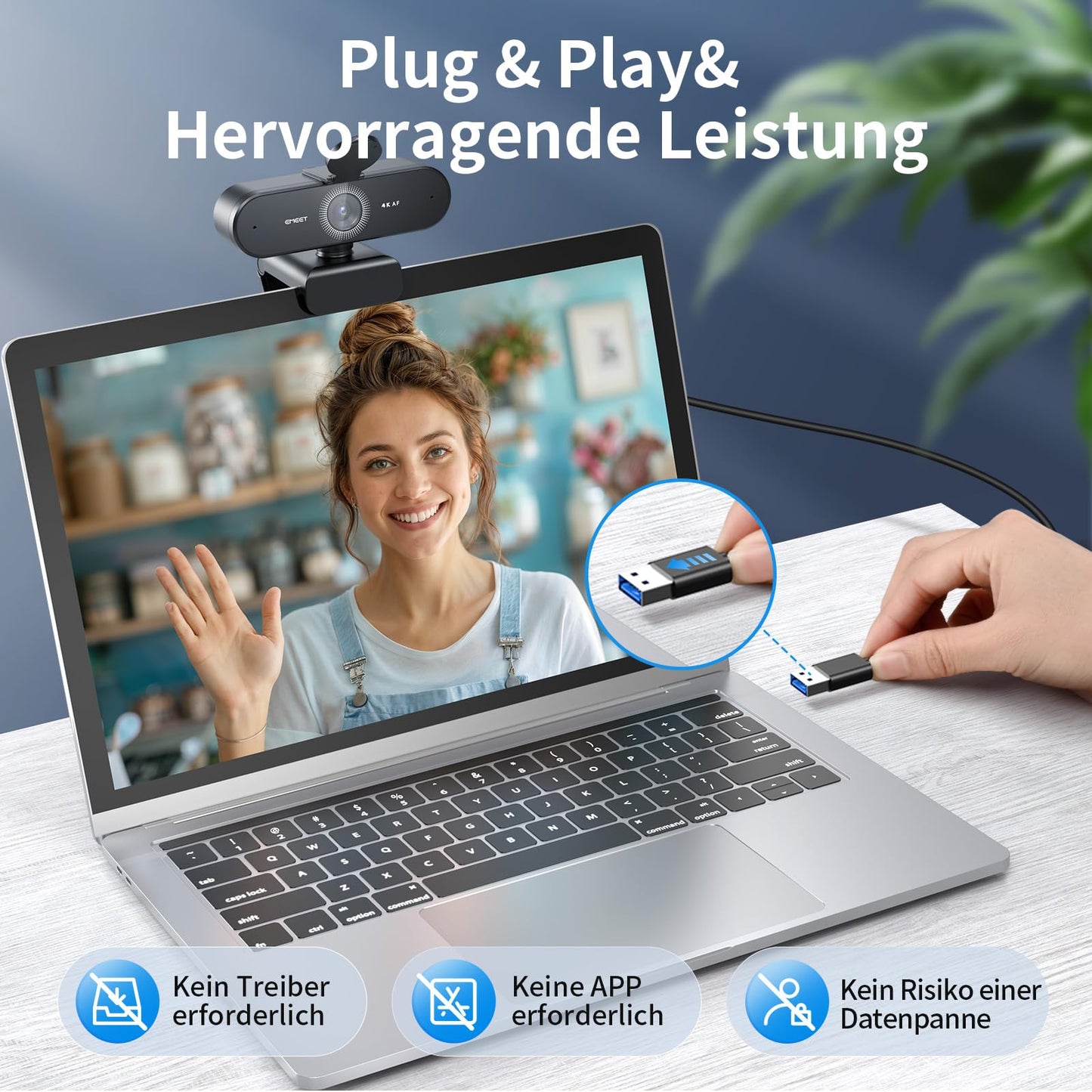 EMEET Webcam NOVA 4K, 4K Webcam mit 2 Mikrofon mit Rauschunterdrückung, Ultra HD Webcam mit 73° Weitwinkel und Objektivabdeckung, PDAF Automatische Lichtkorrektur, Webcam für Mac, Laptop, Zoom, Skype