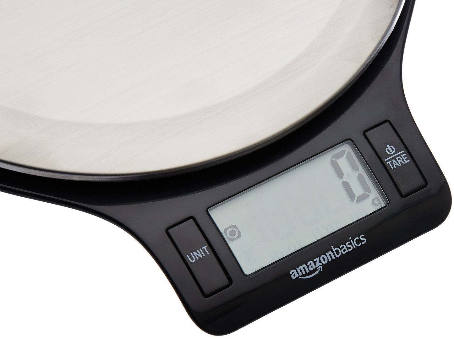 Amazon Basics Digitale Küchenwaage mit LCD-Anzeige (mit Batterien), Edelstahl, BPA-frei, Wiegt bis zu 11 Pfund, Schwarz