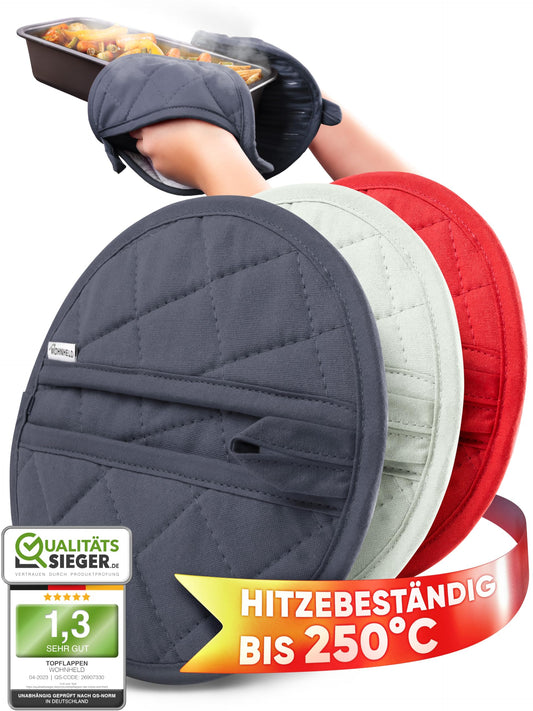 WOHNHELD® Topflappen Set (Hitzebeständig bis 250°C) weiche & waschbare Baumwolle, Ofenhandschuhe Topfuntersetzer Topfhandschuhe Rund Grau