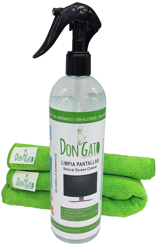 Don GATO - Bildschirmreiniger-Set und 2 Mikrofasertücher (500ml) für Fernseher, Tablets, Computer, Laptops und Mobiltelefone. Hergestellt aus Natúrlichen Produkten und Umweltbewusst