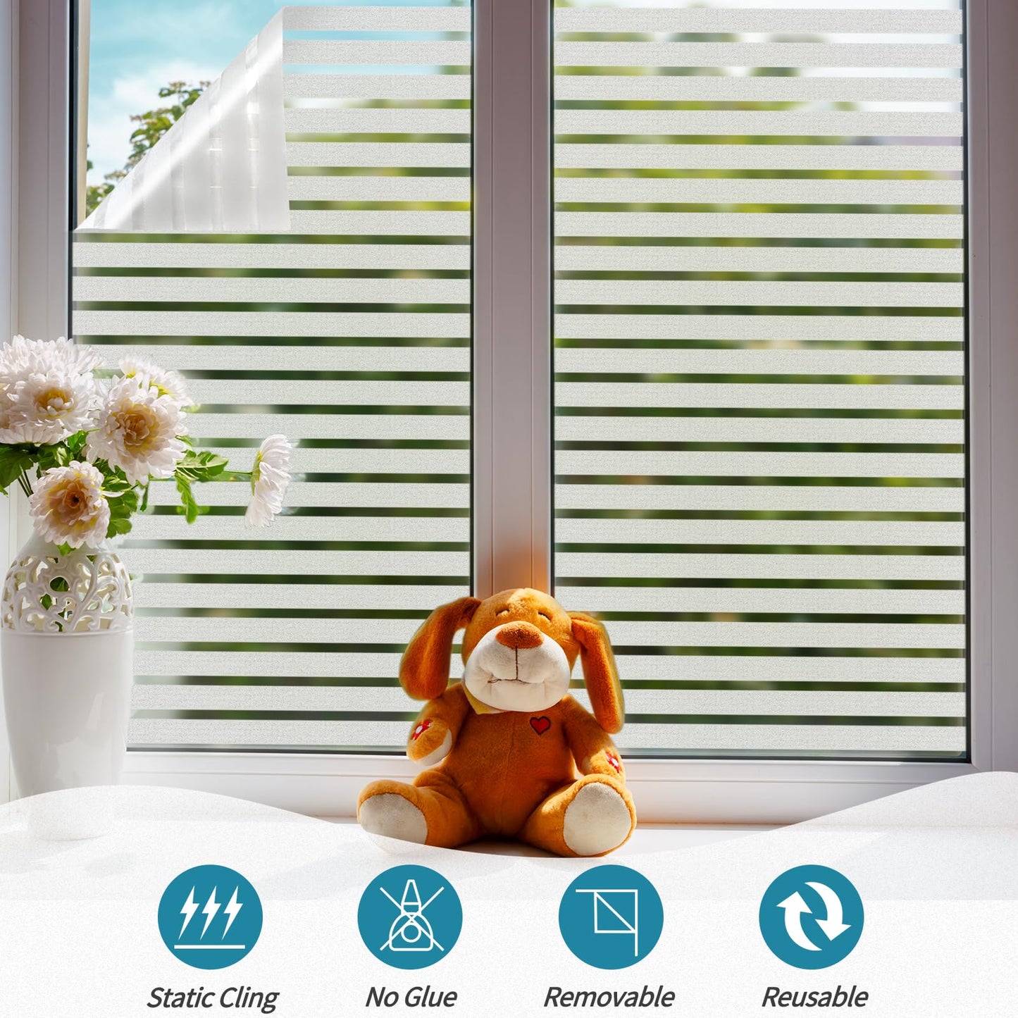Niviy Frosted Window Film Privacy Window Sticker Non Adhesive Window Vinyl Film Removable Static Cling Window Film UV Protection Striped Pattern for Home Office 59.9 cm x 199.9 cm