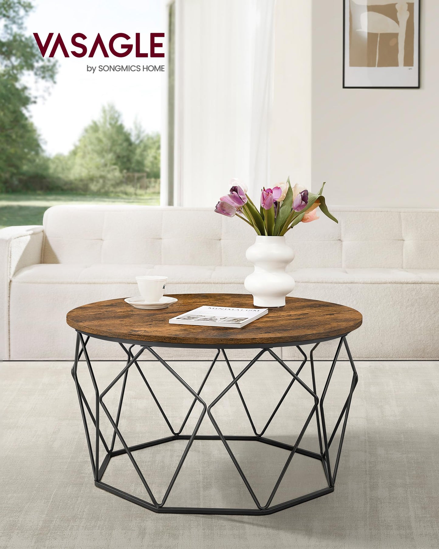 VASAGLE Runder Couchtisch, Braun, Industrie-Design, Beistelltisch mit Stahlgestell und Aufbewahrung, für Wohnzimmer und Schlafzimmer