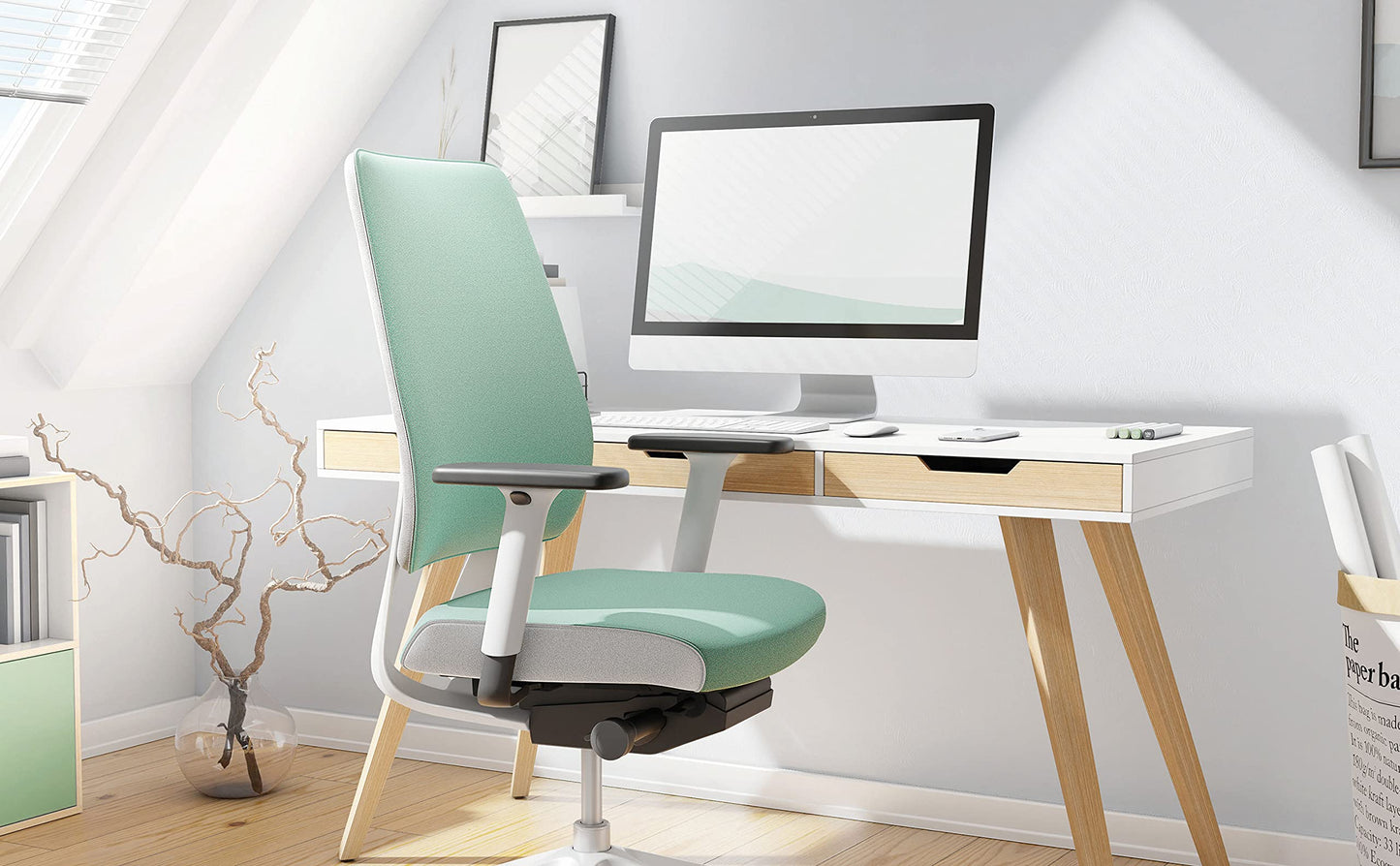 Interstuhl Joyce Interior Edition - ergonomischer Bürostuhl - Schreibtischstuhl mit Synchromechanik - verstellbare Rückenlehne und Lordose - Designer-Rollen (Türkis | Weiß)