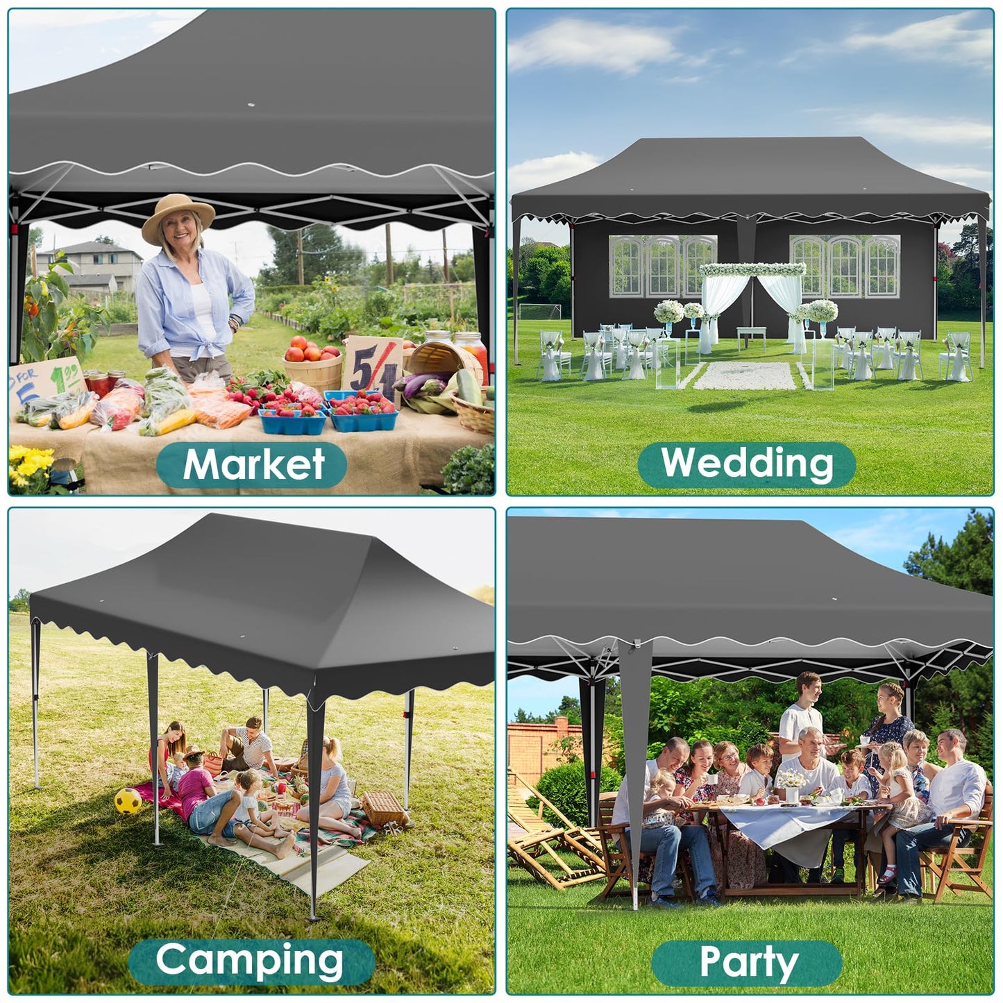 Pavillon 3x6 mit 6 Seitenwänden, Faltpavillon 3x6 Wasserdicht Stabil Winterfest, Faltbar Partyzelt 3x6,UV Schutz 50+ Gartenpavillon,6 Sandsäcke 12 Erdhaken,für Markt,Hochzeiten,Patio (Grau)