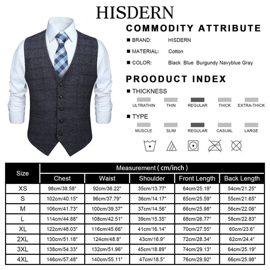 HISDERN Herren Karierte Weste formale klassische Weste Baumwolle Hochzeit Hahnentritt Anzug Westen Grau L