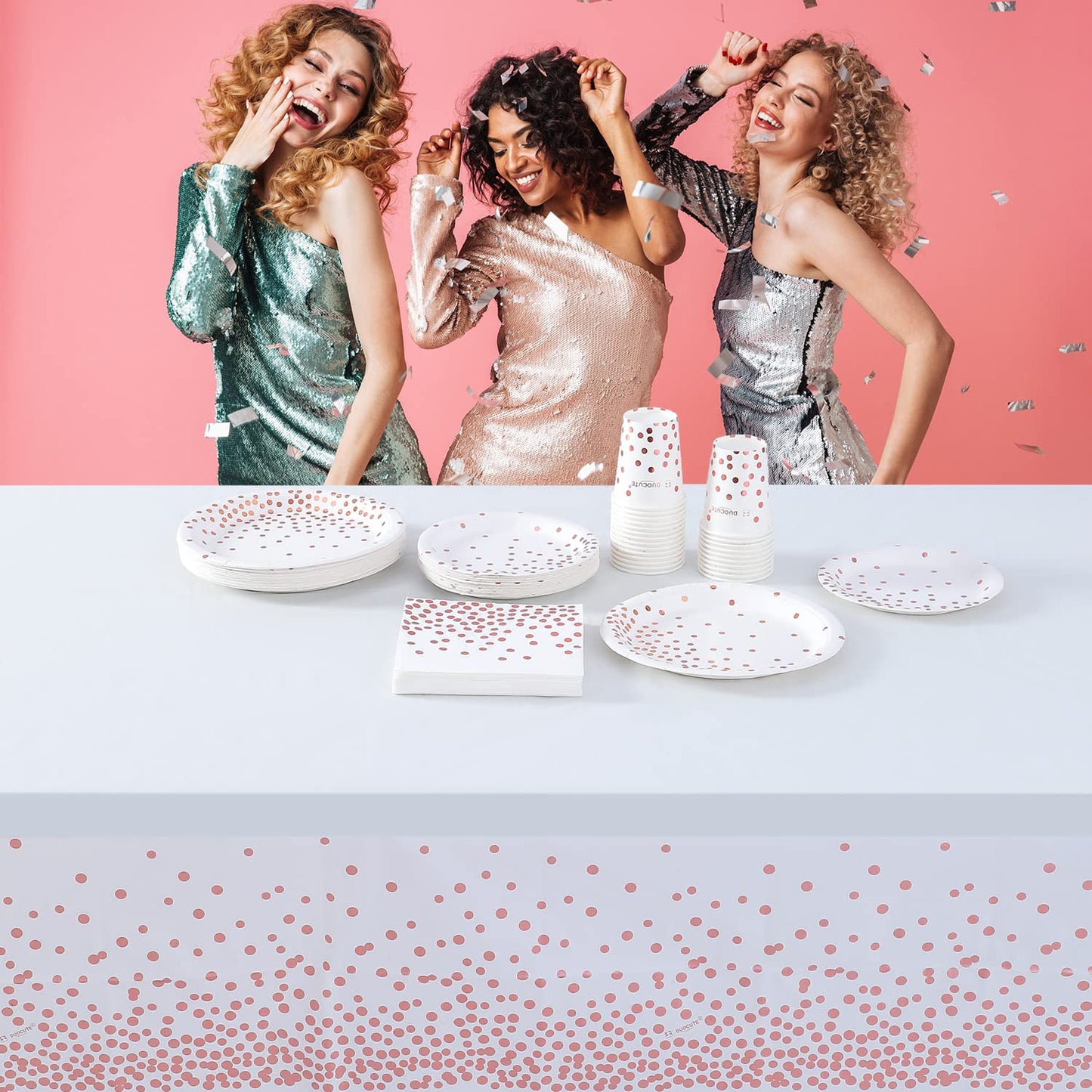 2 Stück Rose Gold Dot und Weiß Party Tischdecke Rechteckiger Rose Gold Dot Confetti Geburtstag Tischdecke für Geburtstag, Braut Shower, Jahrestag, Hochzeit 108"x 54"