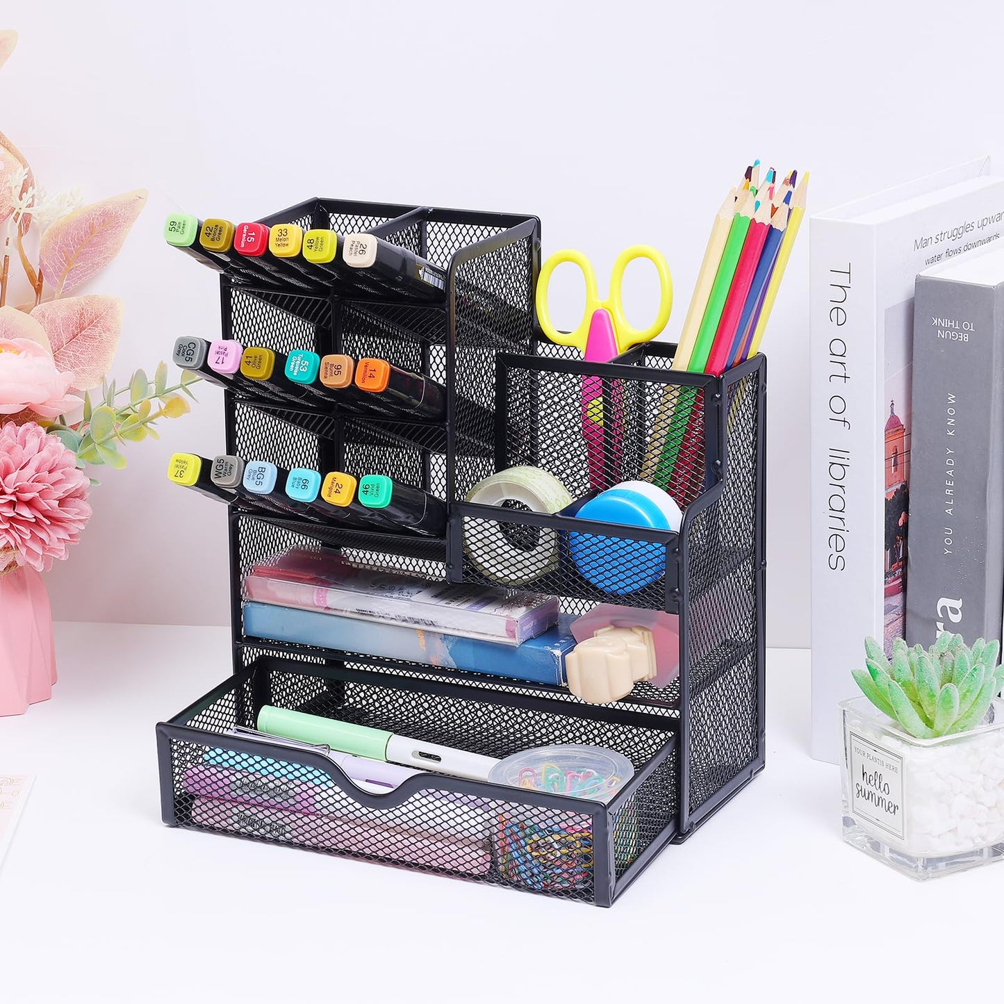 Vikmyer Mesh Stifthalter Organisator mit Schublade, Multifunktionaler Bleistifthalter für den Schreibtisch, Schreibtisch-Organizer und Zubehör für Büro, Schule, Kunst und Zubehör (S)