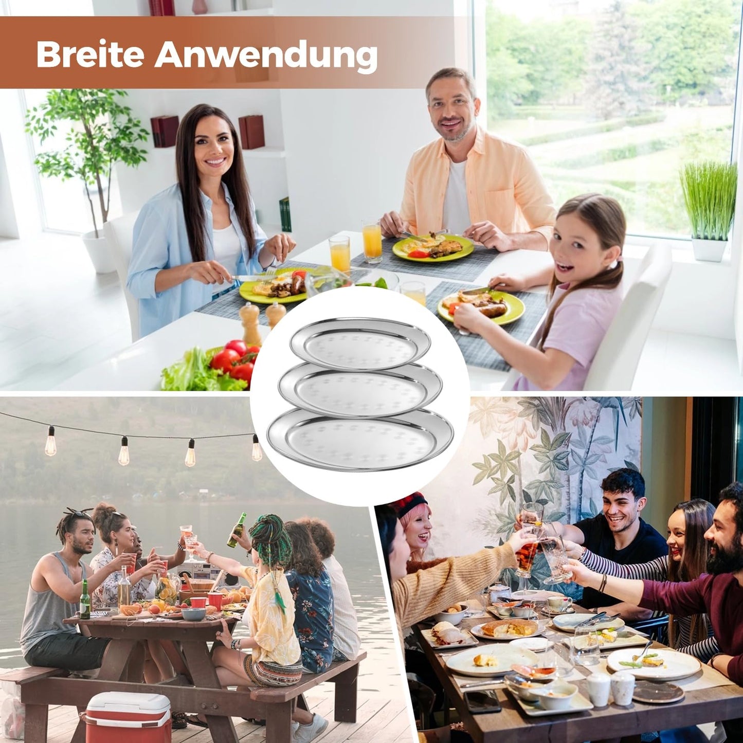 3 Stück ovale Edelstahl-Servierplatten, lebensmittelechte Metall-Servierplatte, großes Brutzel-Serviertablett, Kellnertablett, hochglanzpoliertes Edelstahl-Lebensmitteltablett für Abendessen, Partys