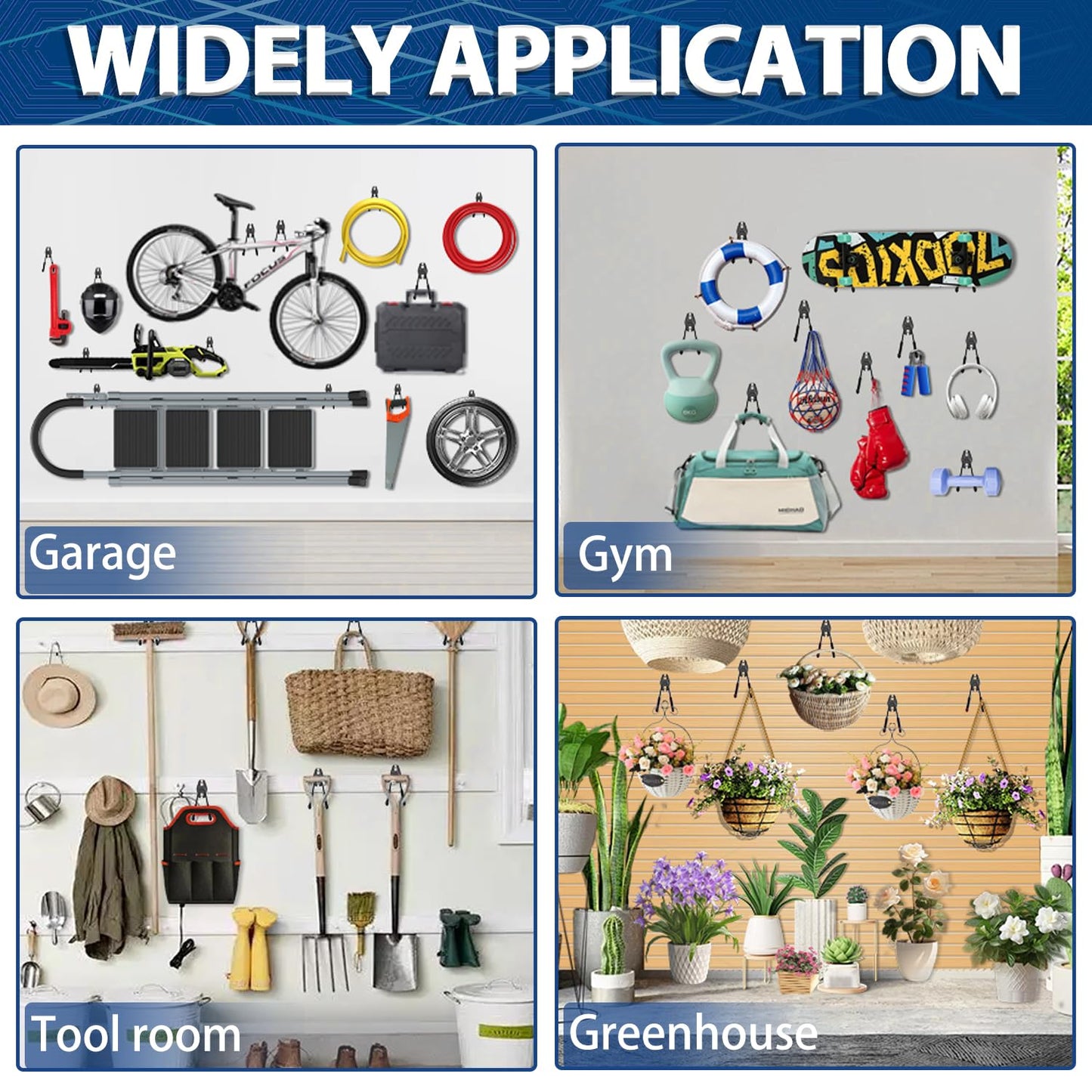 3-H 14 Stück Wandhaken Garage Haken Schwerlast Doppelhaken Multi Größe Garage Storage Hooks für Leiter Fahrrad Geräte Garten Schwarz