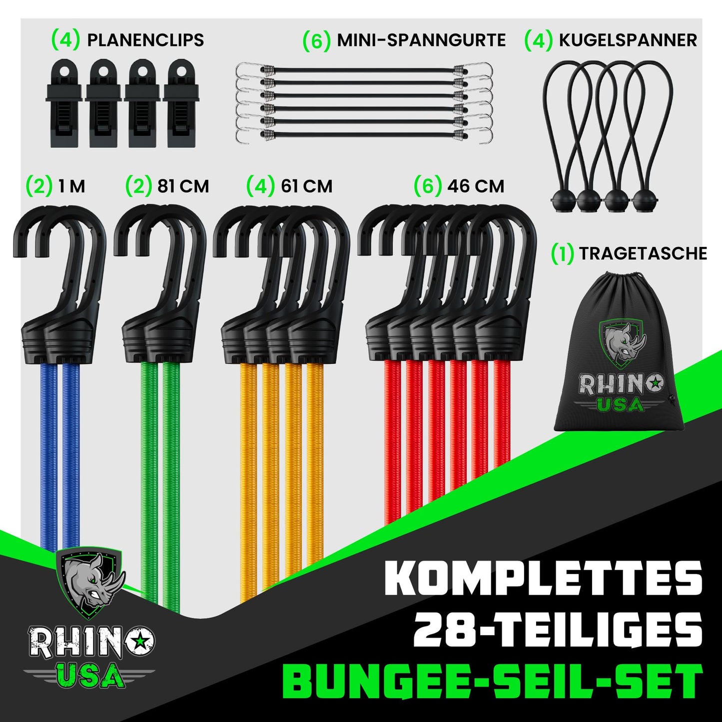 RHINO USA Bungee-Seile mit Haken – Robustes 28-teiliges Sortiment für den Außenbereich mit 4 kostenlosen Planen-Clips, Kordelzug-Organizer-Tasche, Baldachin-Krawatten und Ball-Bungees