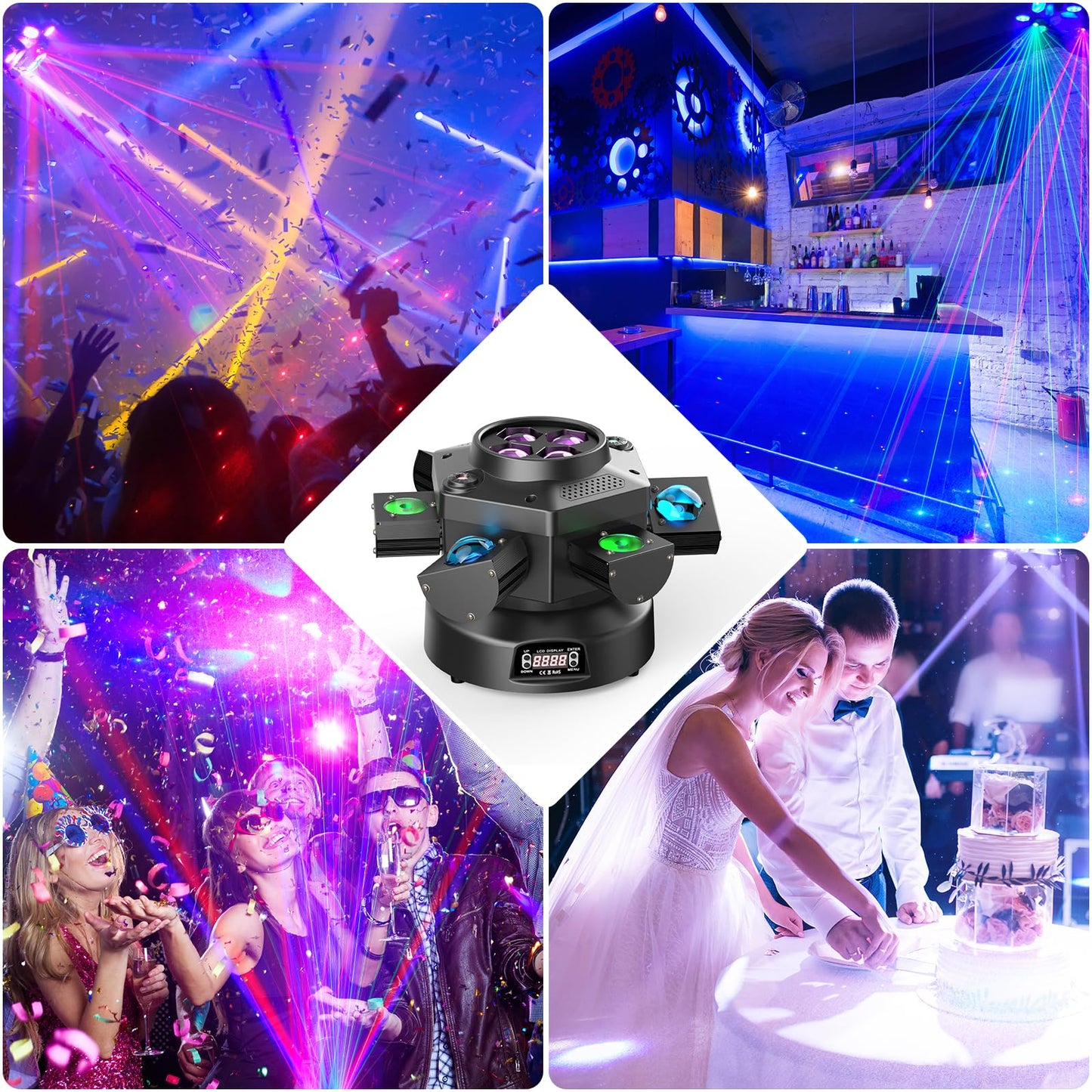 180W Moving Head LED RGBW Partylicht LED Strahler Bühnenlicht dmx512 Soundaktivierter Lichteffekt mit 6 Lichtarmen für DJ Bar Geburtstag Disco Hochzeit Scheinwerfer