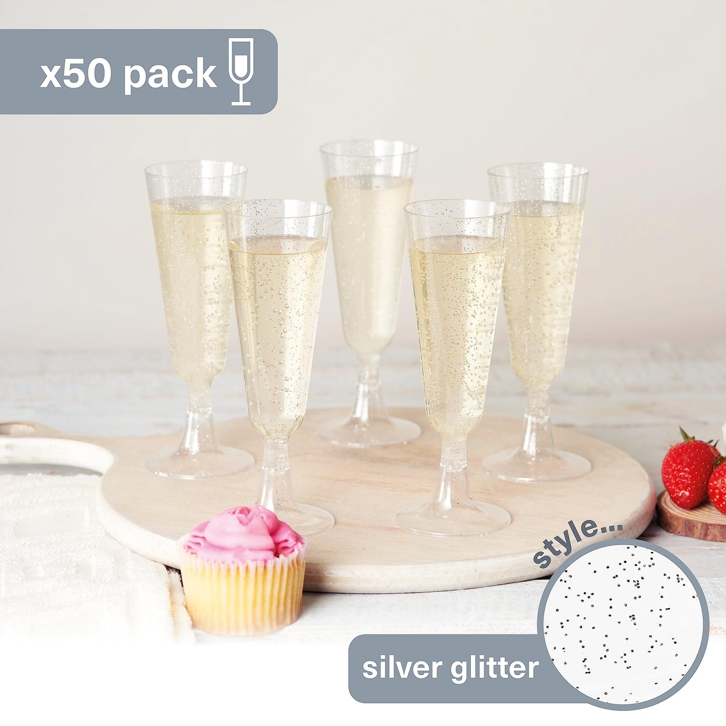 MATANA 50 Premium Elegante Sektgläser aus Kunststoff mit Silberglitter, 150ml - Plastik Champagnergläser, Sektflöten, Proseccogläser für Hochzeiten, Geburtstage, Partys - Stabil & Mehrweg