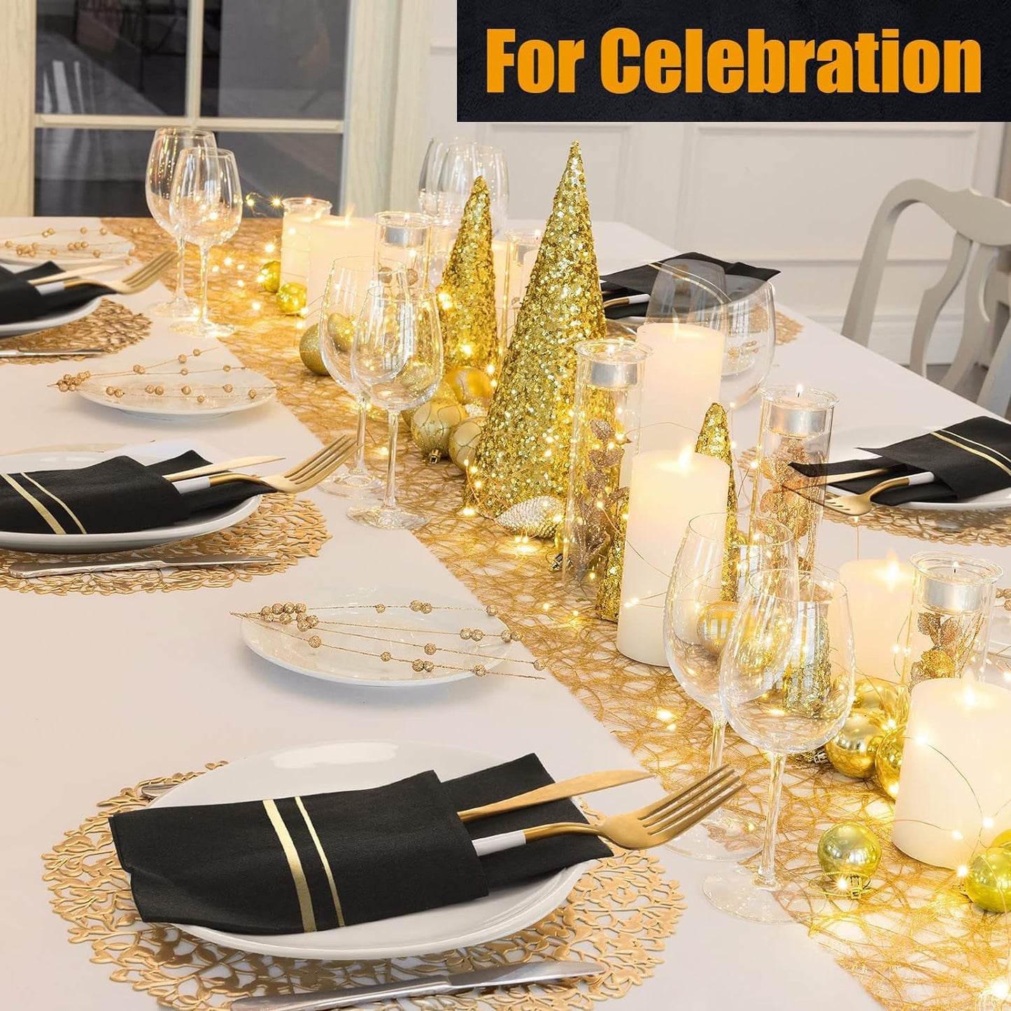 LEKOCH 50 PCS Einweg Besteckservietten Schwarz mit Gold, Air Laid Stoffähnlich Servietten Vorgefaltet Bestecktasche Für Hochzeit Premium QUALITÄT,43x30 (Schwarz mit Gold)
