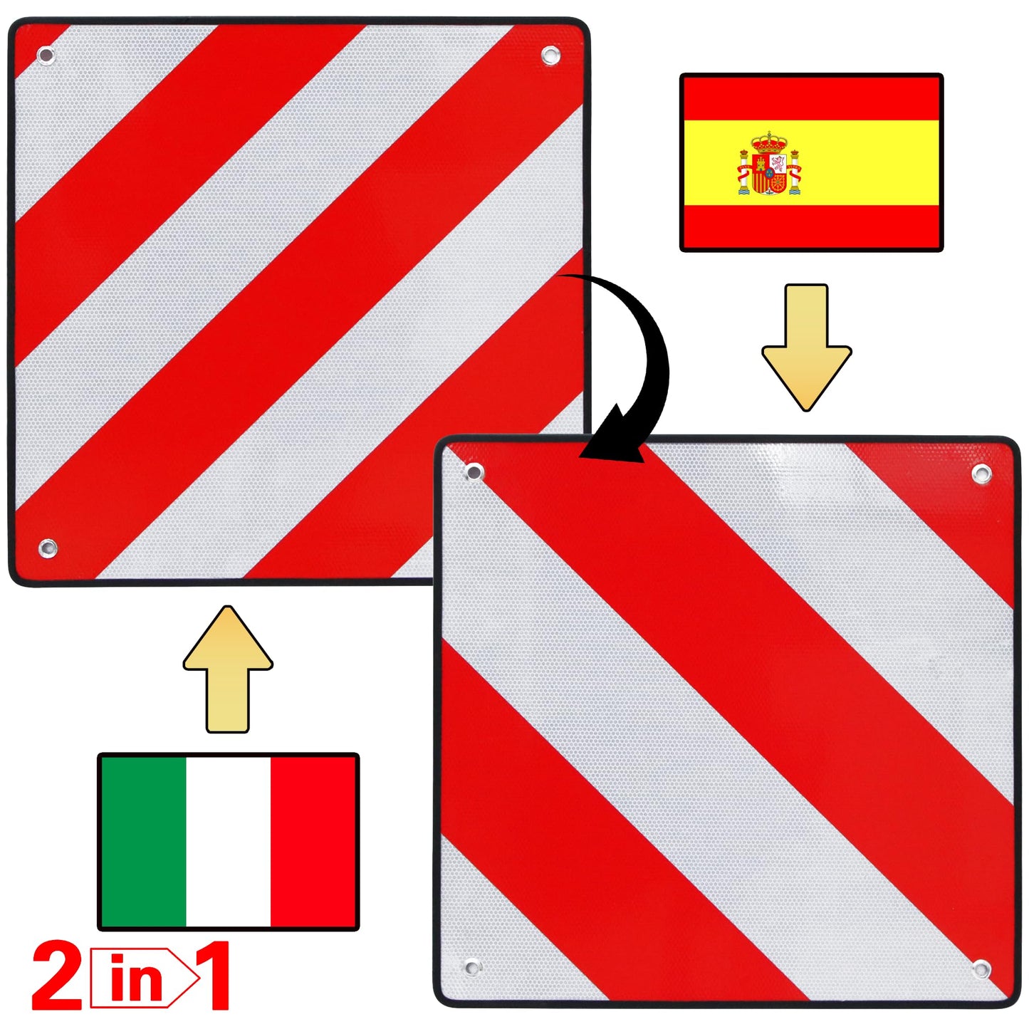 Mucola Warntafel 2in1 Spanien & Italien inkl. 4x Spanngurte reflektierend Heckträger Wohnmobil Wohnwagen Warnschild 50x50 cm